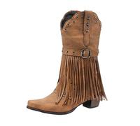 2026 Botas de vaquero para mujer con encaje puntiagudo borla decorativa elegantes botines occidentales con tacón de bloque resistente para atuendos diarios elegantes, marrón, 37 EU