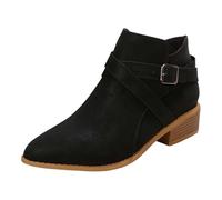 2026 - Botines para mujer, estilo romano, retro, cortos, para otoño e invierno, talla grande, tacón mediano, punta gruesa y color piel, Black, 39.5 EU