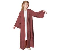 2026 Caftán Musulmán Ropa De Oración Niños Musulmanes De Gasa Abaya Para Niñas Frente Abierto Cardigan Vestido Túnica, Color rojo., 5-6 años