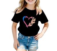 2026 - Camisa de niña con cuello redondo y gráficos lindos, manga corta, para verano, blusa casual a cuadros para niñas, Negro , 5-6 años