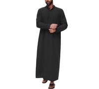 2026 Camisa Hombre Casual Camisa Hombre Manga Larga Algodón Botones Diseño Casual Solapa Lateral Bolsillo Estilo Medio Musulmana Sencilla (Black, XL)