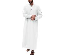 2026 Camisa Hombre Casual Camisa Hombre Manga Larga Algodón Botones Diseño Casual Solapa Lateral Bolsillo Estilo Medio Musulmana Sencilla (White, M)