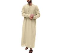 2026 Camisa Hombre Casual Camisa Hombre Manga Larga Algodón Botones Diseño Casual Solapa Lateral Bolsillo Estilo Medio Musulmana Sencilla (Khaki, L)