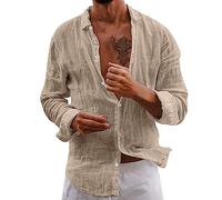 2026 Camisa Hombre Casual Camisas de Lino para Hombre ultrafinas con Botones Casuales Playa Manga Larga Camisetas Verano Elegantes Ligeras Transpirables (Khaki, XXXL)