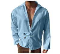 2026 Camisa Hombre Manga Larga Camiseta Cuello V Sexy Casual con Botones Color Sólido Elegante Y Elegante Blusa Base Temperamento Cómodo Versátil Alto, azul claro, XXL