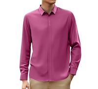 2026 Camisa Hombre Manga Larga- Camiseta Trabajo Cuello Reverso Color Sólido Suelo Casual Cómoda Blusa Chic Versátil Negocios Temperamento Alto Suave Gran Tamaño Otoño, rosa fuerte, XXL