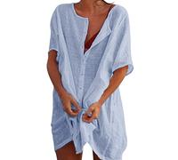 2026 Camisa Mujer Lino Algodón Manga Corta Holgada S-5XL, Blusa Color Sólido Camisola Larga Pareo Playa, Cover Up Bikini Vestido de Playa Casual Transpirable Verano Mujer Vacaciones