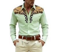 2026 Camisa vaquera para hombre, estampado occidental, vintage, camisas medievales, aspecto bordado, manga larga, corte regular, camisa de botón de presión para carnaval, estilo retro vintage, 1-light