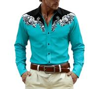 2026 Camisa vaquera para hombre, estampado occidental, vintage, camisas medievales, aspecto bordado, manga larga, corte regular, camisa de botón de presión para carnaval, estilo retro vintage, 2-verde