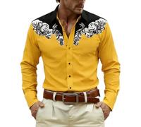 2026 Camisa vaquera para hombre, estampado occidental, vintage, camisas medievales, aspecto bordado, manga larga, corte regular, camisa de botón de presión para carnaval, estilo retro vintage, 2