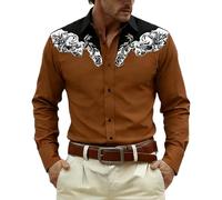 2026 Camisa vaquera para hombre, estampado occidental, vintage, camisas medievales, aspecto bordado, manga larga, corte regular, camisa de botón de presión para carnaval, estilo retro vintage, marrón