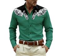 2026 Camisa vaquera para hombre, estampado occidental, vintage, camisas medievales, aspecto bordado, manga larga, corte regular, camisa de botón de presión para carnaval, estilo retro vintage, 2-dark