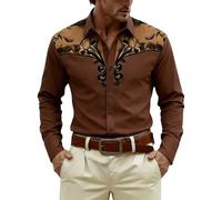 2026 Camisa vaquera para hombre, estampado occidental, vintage, camisas medievales, aspecto bordado, manga larga, corte regular, camisa de botón de presión para carnaval, estilo retro vintage, 1 café