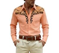 2026 Camisa vaquera para hombre, estampado occidental, vintage, camisas medievales, aspecto bordado, manga larga, corte regular, camisa de botón de presión para carnaval, estilo retro vintage, 1