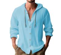 2026 Camisas de lino para hombre Casual Button Down Camisetas de manga larga de verano Camisas de playa Tops con capucha, azul celeste, M