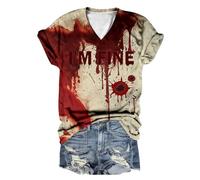 2026 Camiseta de manga corta para mujer, cuello redondo, Halloween, impresión de letras, Color rojo., L