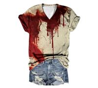 2026 Camiseta de manga corta para mujer, cuello redondo, Halloween, impresión de letras, rojo, 4XL