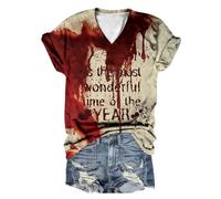 2026 Camiseta de manga corta para mujer, cuello redondo, Halloween, impresión de letras, Vino, M