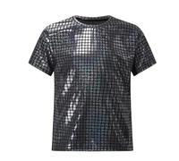 2026 Camiseta de manga corta para niño con diseño gráfico de lentejuelas cuadradas a cuadros brillantes para deportes al aire libre, 2 - 19 años, Negro , 6-7 años