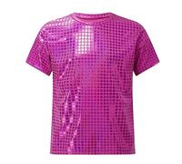2026 Camiseta de manga corta para niño con diseño gráfico de lentejuelas cuadradas a cuadros brillantes para deportes al aire libre, 2 - 19 años, Rosa intenso., 2-3 años