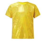 2026 Camiseta de manga corta para niño con diseño gráfico de lentejuelas cuadradas a cuadros brillantes para deportes al aire libre, 2 - 19 años, dorado, 4-5 años