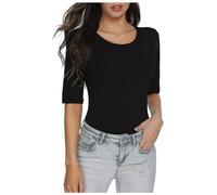 2026 Camiseta de mujer con media manga de color sólido básico Slim Fit Top, Negro , M