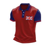 2026 Camiseta de negocios casual con estampado de bandera del Reino Unido con mangas raglán y botones en la solapa Camisa con encaje, Vino, XXL
