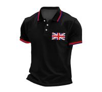 2026 Camiseta de negocios casual con estampado de bandera del Reino Unido con mangas raglán y botones en la solapa Camisa con encaje, Negro , 6XL
