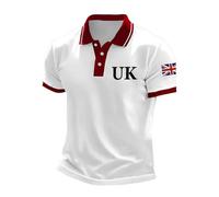 2026 Camiseta de negocios casual con estampado de bandera del Reino Unido con mangas raglán y botones en la solapa Tops de negocios para hombre, Blanco, XXL