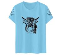 2026 Camiseta de vaca para mujer, bonita camiseta de vaca, interesante estampado de animales, camiseta de vida de granja, camiseta informal de manga corta para vacaciones, azul claro, M