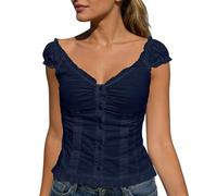 2026 Camiseta elegante para mujer que realza la figura con cuello con volantes, parte delantera abierta, camiseta de cárdigan para el tiempo libre y el día a día, azul, S