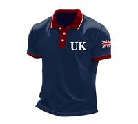 2026 Camiseta Informal de Negocios con Estampado de Bandera del Reino Unido para Hombre, Manga raglán, Solapa con Botones y Estampado Festivo (Navy, S)