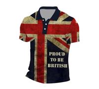 2026 Camiseta Informal de Negocios con Estampado de Bandera del Reino Unido para Hombre, Manga raglán, Solapa con Botones y Estampado Festivo (Khaki, XXL)