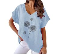 2026 Camiseta Manga Corta Mujer, Verano Algodón y Lino Moda Impresión Blusa Camisa Cuello en V Basica Camiseta Elegant Suelto Tops Casual Fiesta Cómodo T-Shirt Original tee Playa