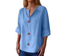 2026 Camiseta Mujer Mujer Camisa de Mujer con Cuello de Pico Abotonada Blusa Casual para Diario Vacaciones Primavera Verano Tops Tops Ajuste Holgado Cómoda Camisa con Botones de Diseño Clásico, azul