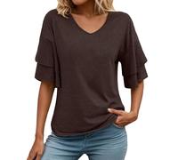 2026 Camiseta Mujer Mujer Camiseta de Manga Corta con Cuello de Pico Ajuste Holgado Doble Capa Volante, marrón, S