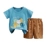 2026 Camiseta Niños Niños Pequeños Niños Ropa de Verano Bonitos Dibujos Animados Estampados Manga Corta Camiseta Tops Estampado Floral Pantalones Cortos Traje de 2 Piezas, azul, 2-3 años