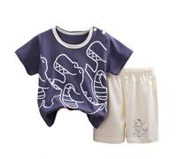 2026 Camiseta Niños Niños Pequeños Niños Ropa de Verano Bonitos Dibujos Animados Estampados Manga Corta Camiseta Tops Estampado Floral Pantalones Cortos Traje de 2 Piezas, azul oscuro, 5-6 años