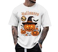 2026 Camiseta para hombre con estampado divertido de calabaza de Halloween, cómoda, manga corta, para uso diario, deportes y actividades de ocio, tejido ligero y transpirable, Blanco, L
