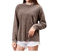 2026 Camisetas de manga larga de gran tamaño para diseños del mismo sexo, camisetas lavables, casuales, corte holgado, tops simples con cuello redondo, café, M