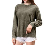 2026 Camisetas de manga larga de gran tamaño para diseños del mismo sexo, camisetas lavables, casuales, corte holgado, tops simples con cuello redondo, Verde oscuro., M