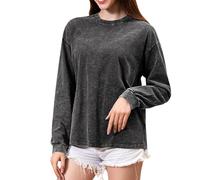 2026 Camisetas de manga larga de gran tamaño para diseños del mismo sexo, camisetas lavables, casuales, corte holgado, tops simples con cuello redondo, Negro , S