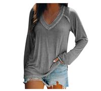 2026 Camisetas de Mujer Manga Larga con Cuello en V Camiseta Básica Suave Casual Holgada Corte Otoño Tops Trajes 2024, gris, M