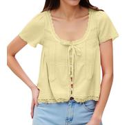 2026 Camisetas de mujer para ocio y vacaciones, manga corta, cuello redondo, detalle hueco de encaje y diseño de pajarita, amarillo, L