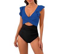 2026 Camisetas de una pieza mujer 1 piezas para mujer ganando vientre plano trajes plisados vintage acolchado push up adelgazante bikini sexy cuello en v barato Swimwear verano vacaciones, azul oscuro