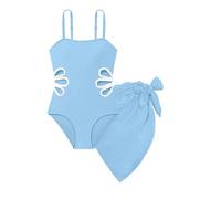 2026 Categoría de producto Título Traje de baño para niñas con tirantes ajustables Cuello redondo Color sólido Cortes Diseño sin hombros Colección de verano perfecta para chicas activas, azul celeste