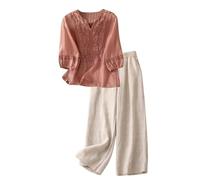 2026 Chándal de Lino para Mujer de Verano Elegante a Juego con Camisa Ancha Pantalones Ligeros de Algodón y Lino Verano Chándales Gimnasia Primavera Curvy Juego Dos Piezas Manga 3/4 para