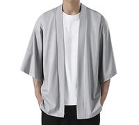 2026 Chaqueta de kimono de hombre sólido con hombro caído frente abierto, gris, L