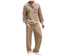 2026 Chemise décontractée pour Hommes, Manches Longues, Pantalon Long, Couleur Unie, Costume Deux pièces (Khaki, M)
