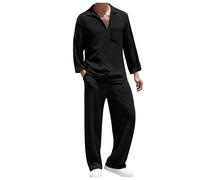 2026 Chemise décontractée pour Hommes, Manches Longues, Pantalon Long, Couleur Unie, Costume Deux pièces (Black, M)